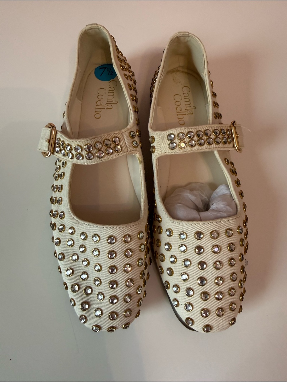 Camila Coelho Cream Mary Jane Flats with Gold Stud Accents